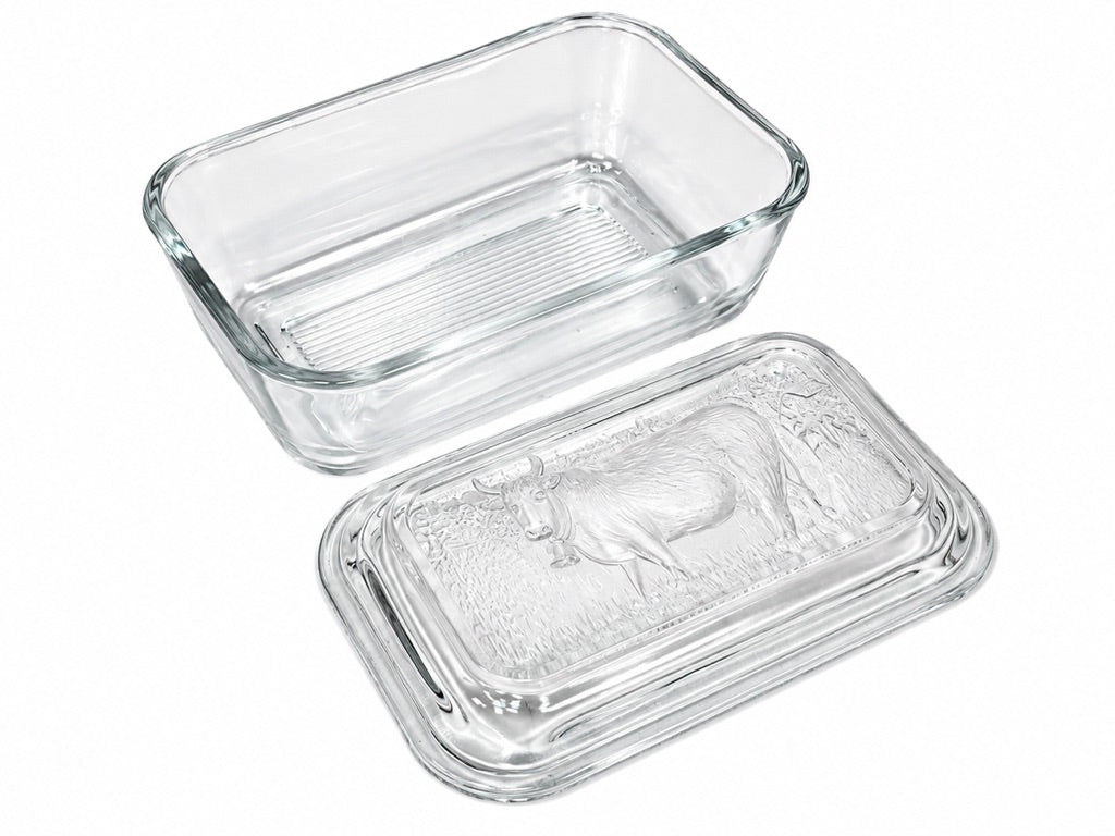 Vintage Kitchenalia - Glass Butter Dish & Lid Featuring Embossed Cow Design