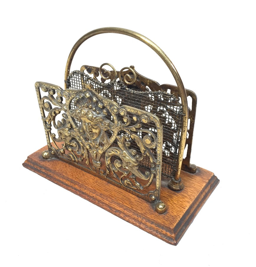 Antique Early 20th Century Ornate Brass & Oak Wooden Desktop Letter Holder Rack