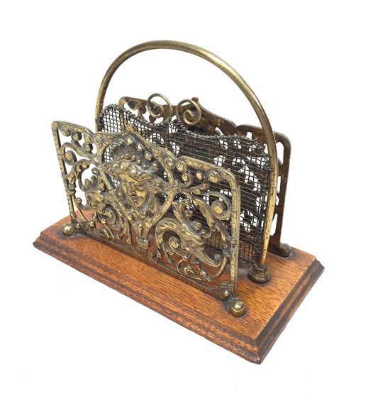 Antique Early 20th Century Ornate Brass & Oak Wooden Desktop Letter Holder Rack