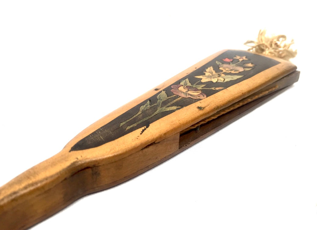 Antique Italian Sorrento Olive Wood & Paper Handheld Ladies Handbag Fan & Mirror
