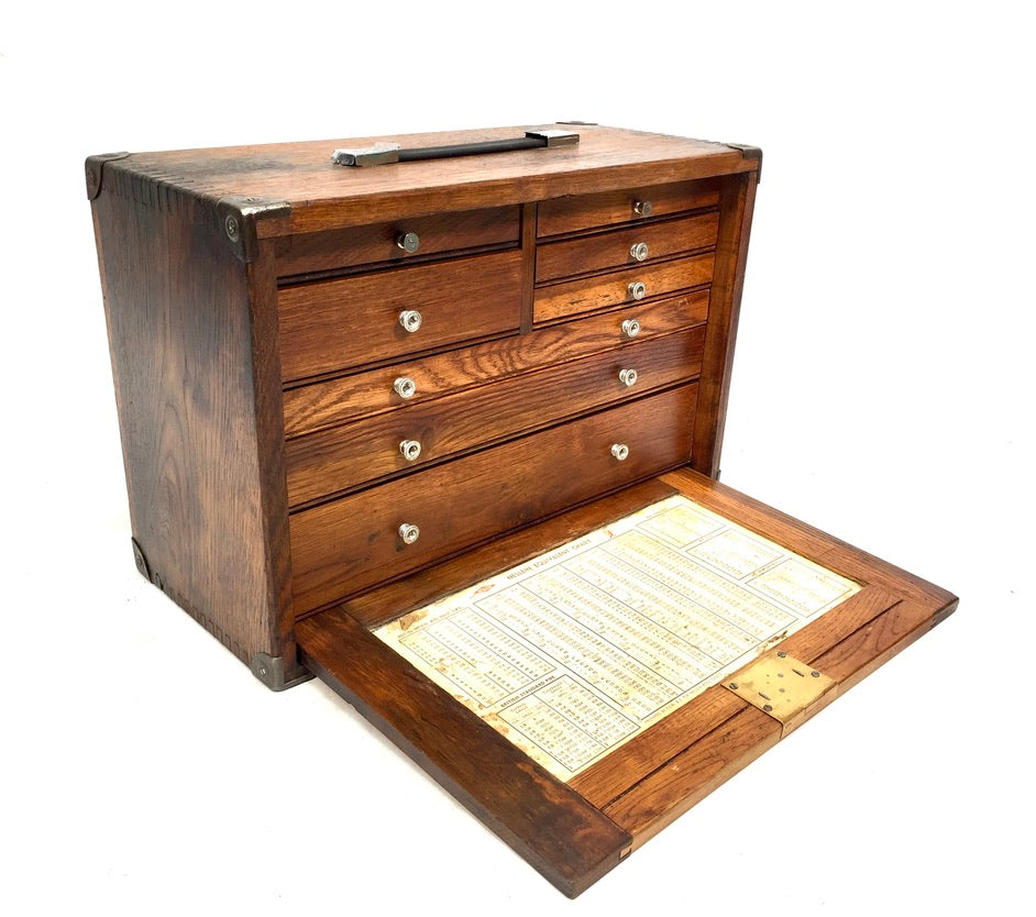 Antique Wooden Engineers Toolbox Tool Box Collectors Cabinet by Neslein with Key