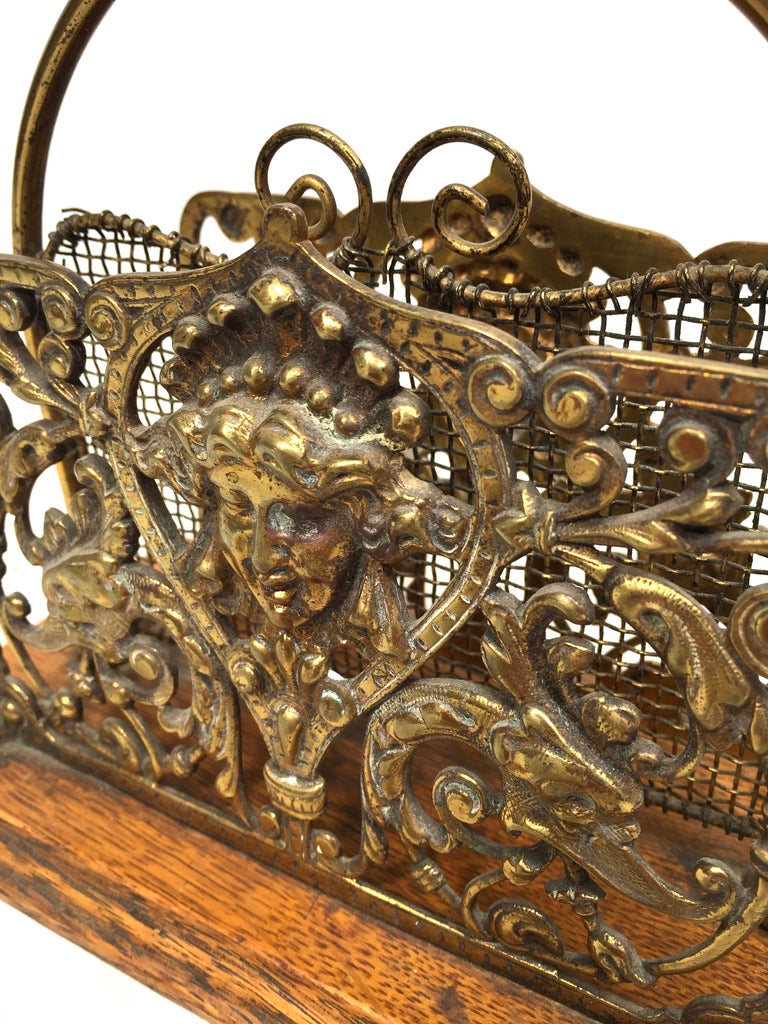 Antique Early 20th Century Ornate Brass & Oak Wooden Desktop Letter Holder Rack
