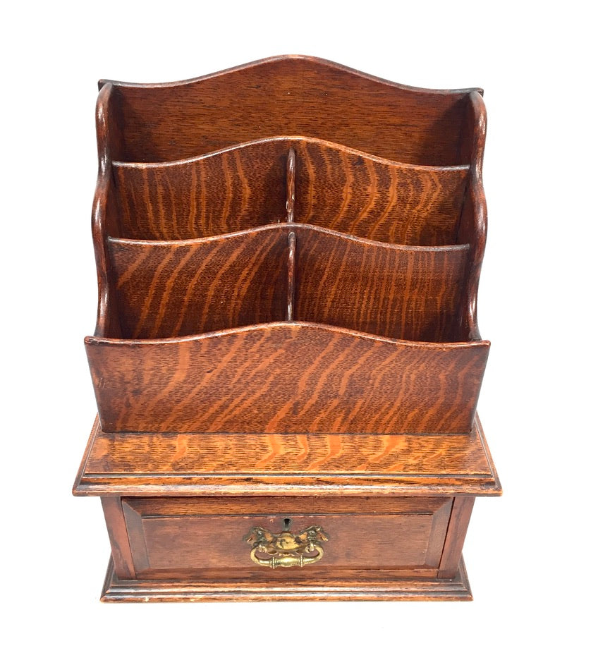 Antique Edwardian Wooden Oak Desk Organiser Letter Rack and Storage Drawer c1900