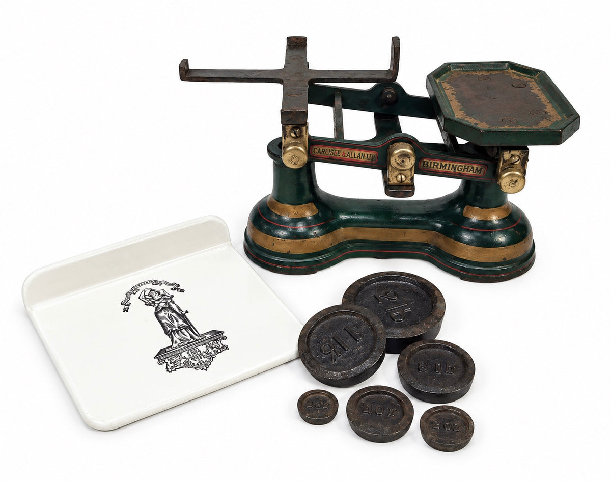 Antique Victorian Cast Iron Shop Scales with "Lady of Justice" Porcelain Plate