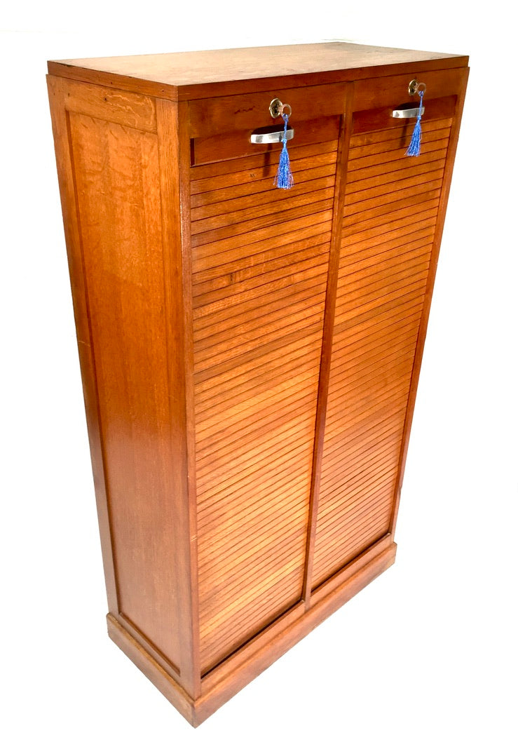Antique 1950s Wood Oak Double Tambour Fronted Office Paper Filing Cabinet & Keys