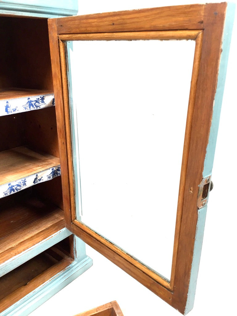 Antique Blue Painted Pine Wooden Tabletop Cabinet / Wall Storage Shelf Box c1950