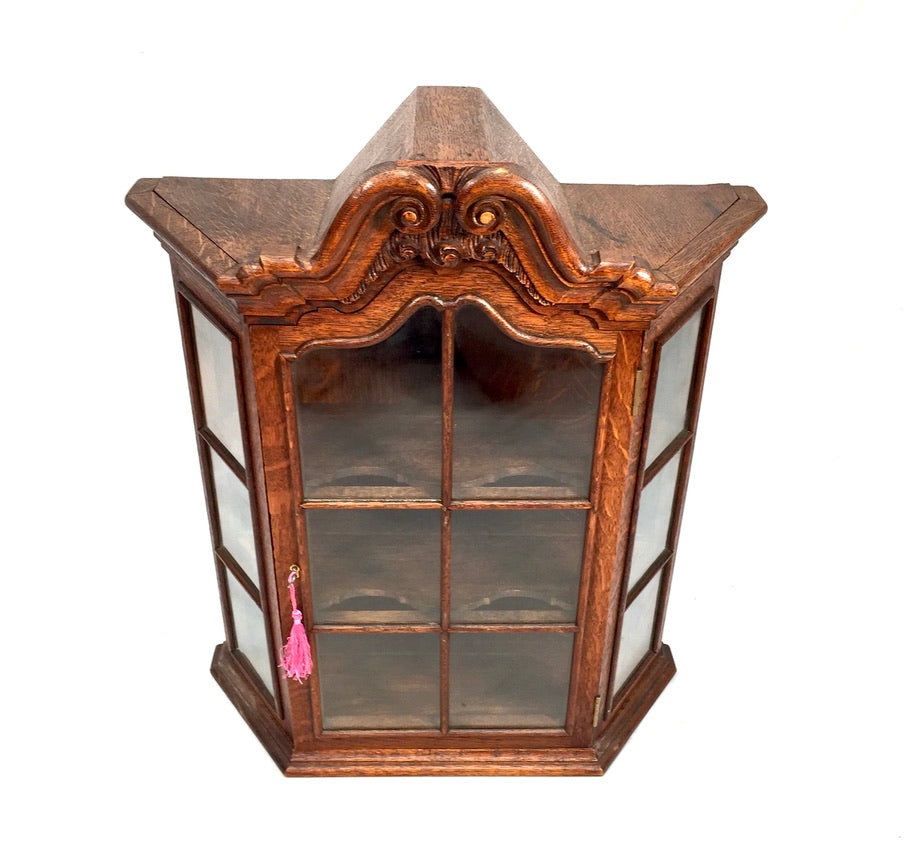 Antique Wooden Oak & Glass Wall Hanging Display Cabinet Storage Shelf with Key