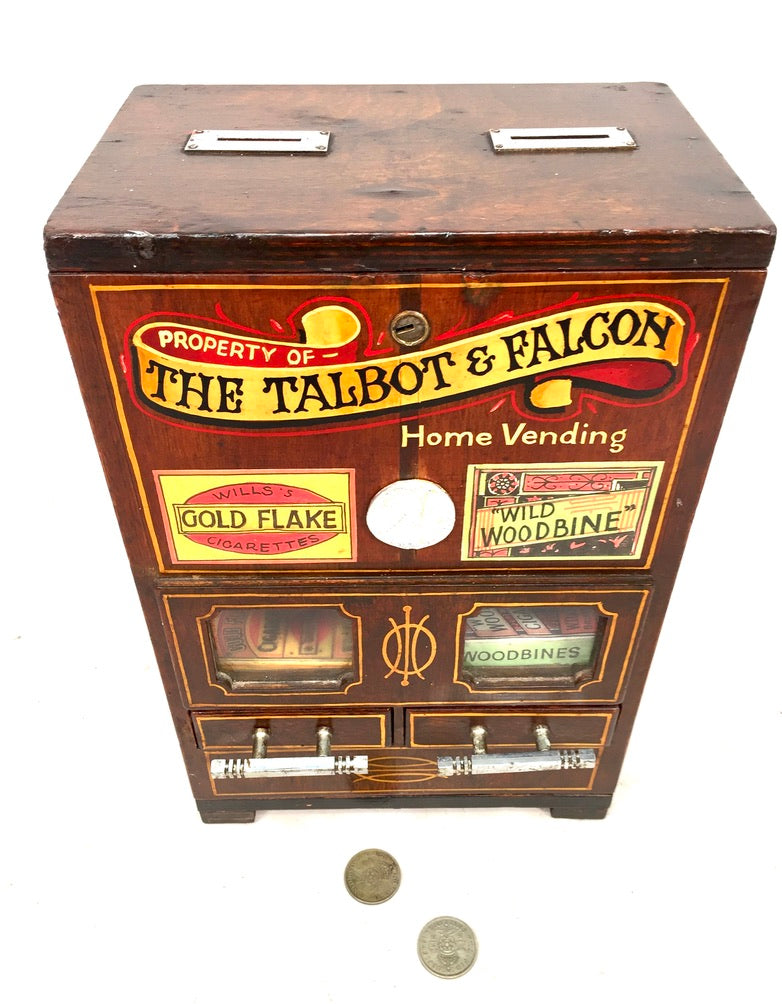 Antique Advertising - Wooden Coin Operated Cigarette Vending Machine / Working
