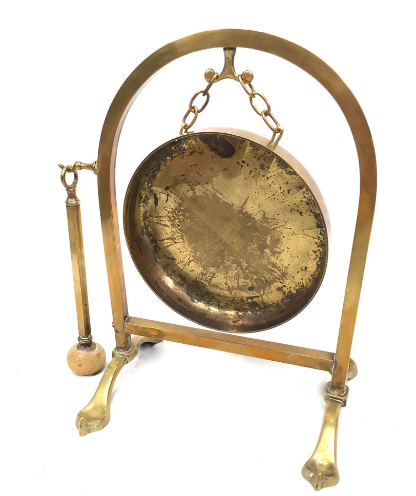 Vintage Tabletop Solid Brass Dinner Gong Stand & Mallet / Antique c.1950