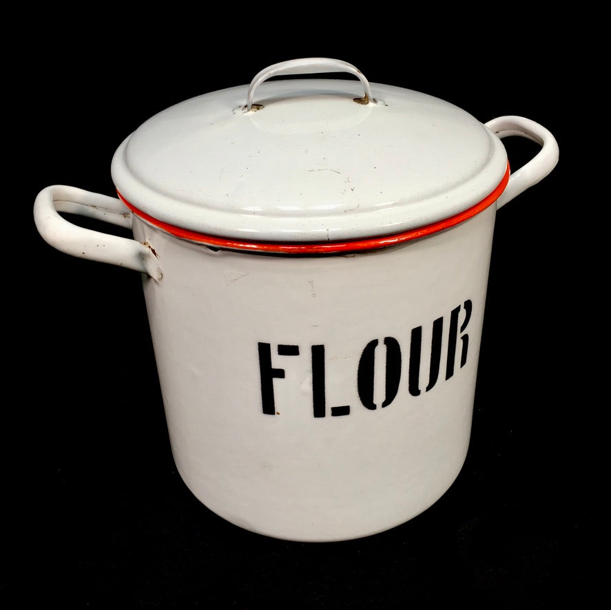 Antique Kitchenalia - White & Red Enamel Flour Bin with Lid Storage Box c.1950