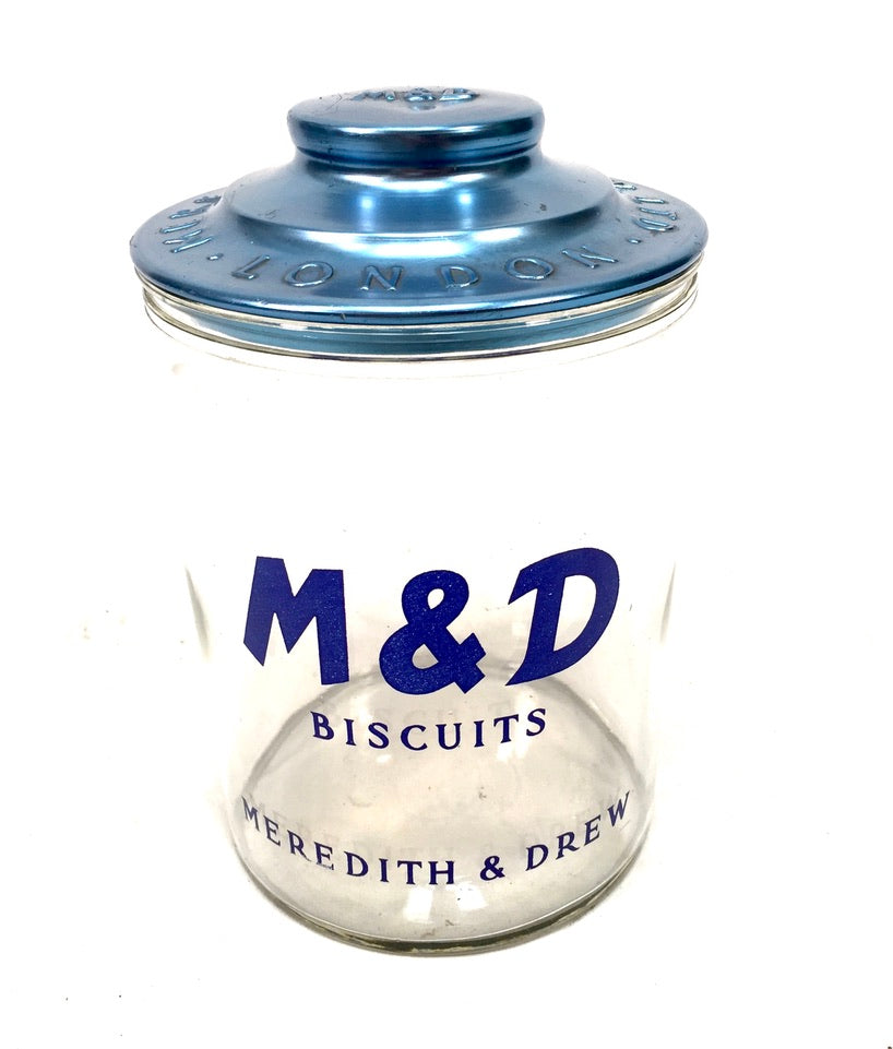 Antique Advertising - Shop Display Glass Meredith & Dew Biscuit Jar & Blue Lid