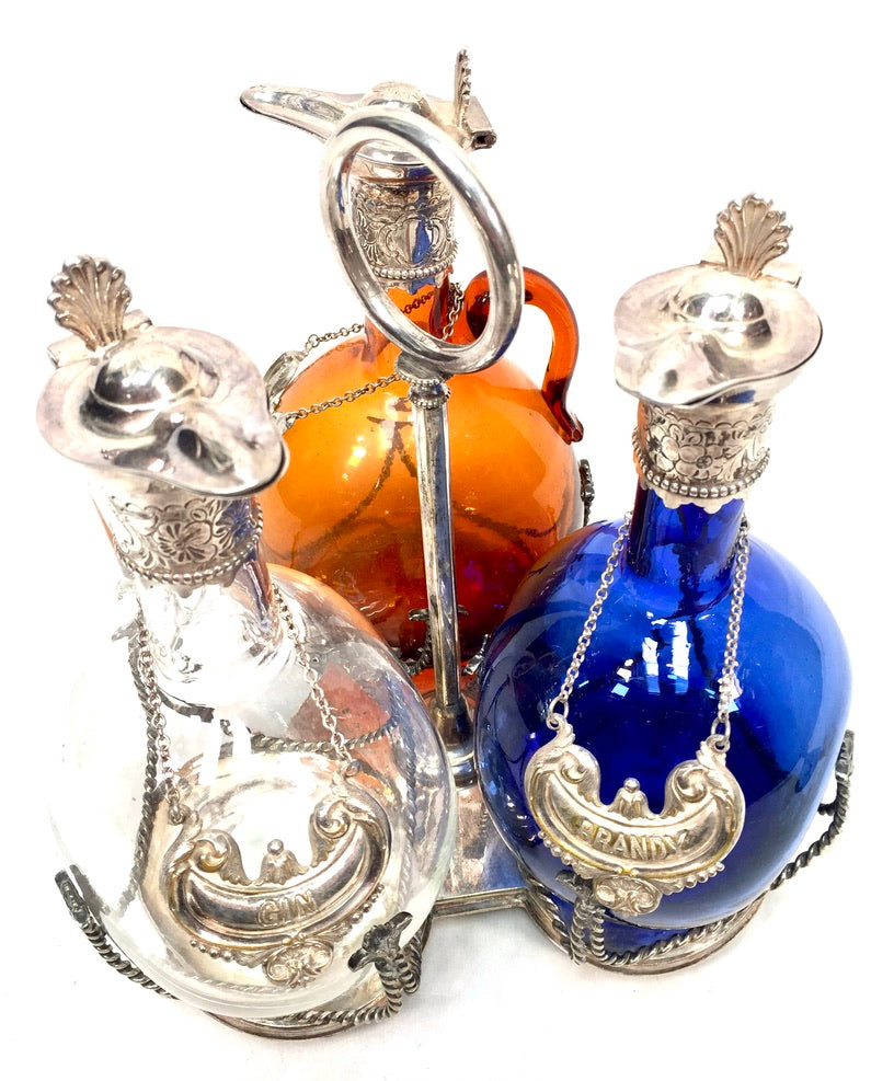 Antique Victorian Blue, Brown and Clear Glass Flagon Decanter Set Display Stand