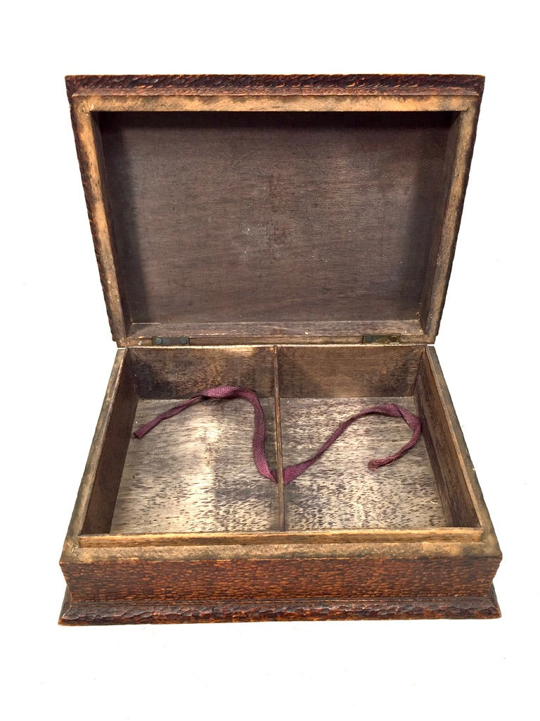 Antique Wood & Pewter Storage Box / Trinket Jewellery Box / Blue Cabochon c.1930