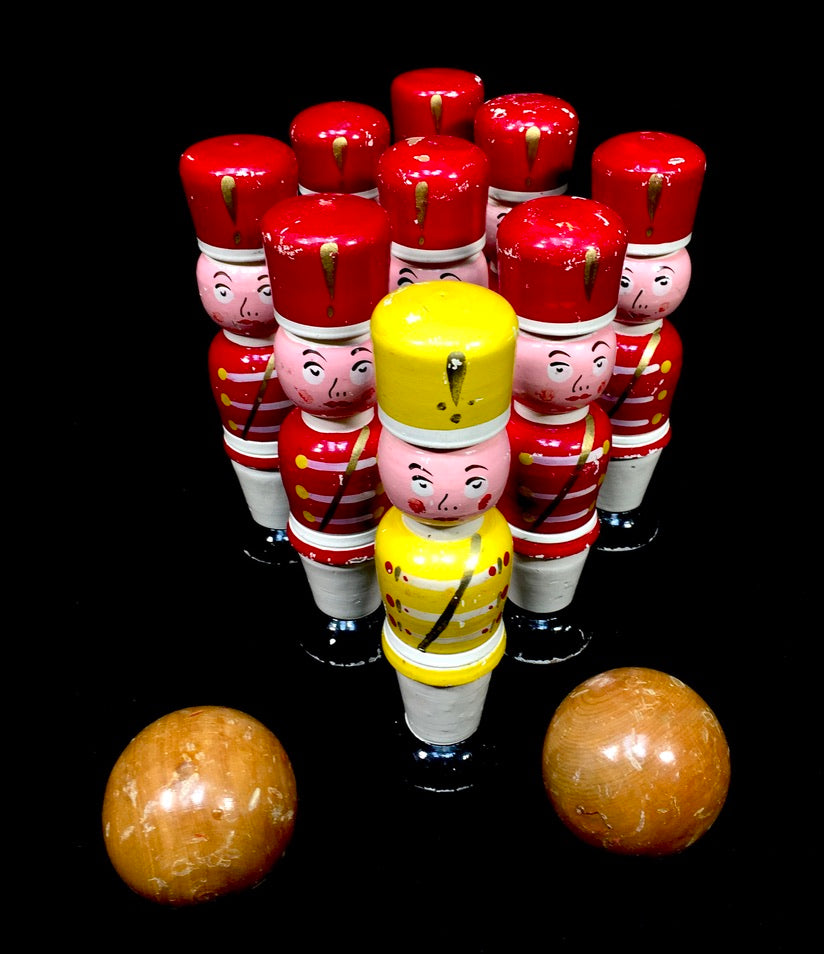 Antique Complete Set French Hand Painted Wooden Soldier Bowling Skittles & Balls