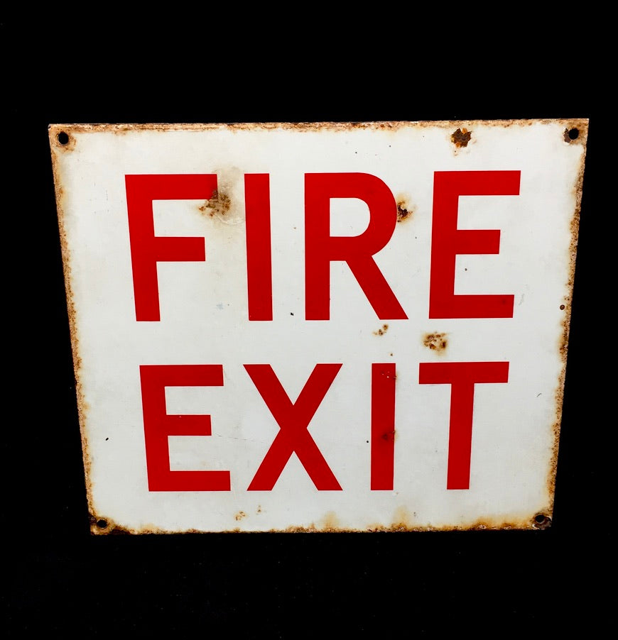 Antique Advertising - Factory / Industrial Used Enamel Fire Exit Sign Salvaged