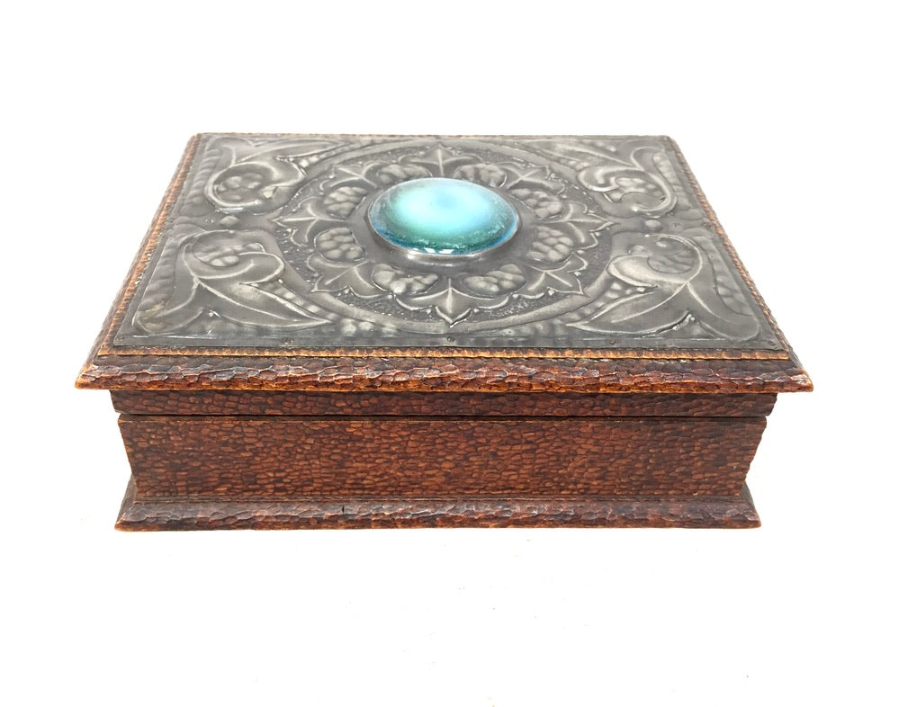 Antique Wood & Pewter Storage Box / Trinket Jewellery Box / Blue Cabochon c.1930