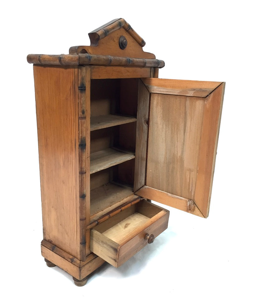 Antique Tabletop Wooden Bamboo & Pine Miniature Cabinet Cupboard / Mirror c.1930