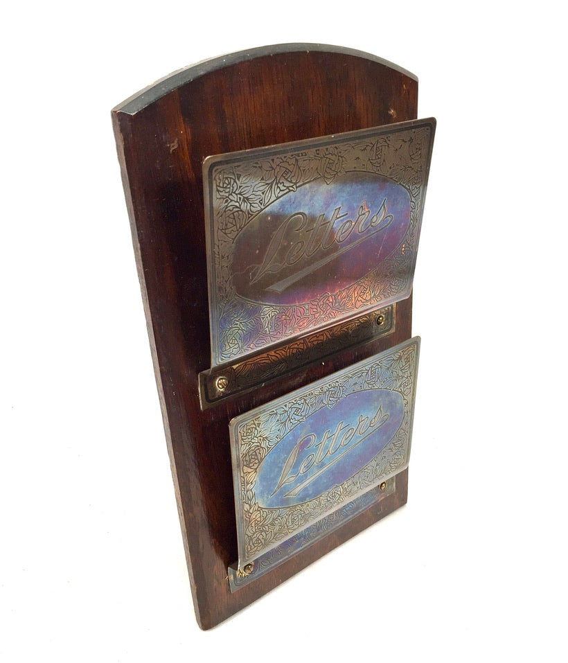 Antique Mid 20th Century Wooden Oak & Brass Wall Mounted Letter Rack / Holder