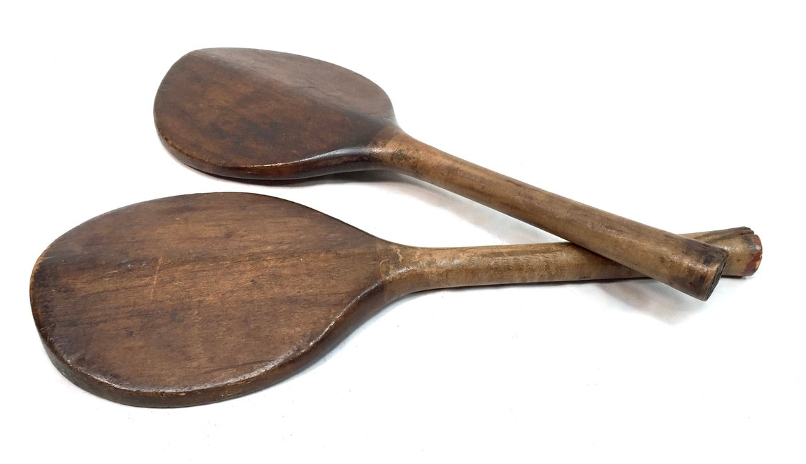 Antique Matching Pair of 1900s Wooden Ball Game Bats / Paddles / Table Tennis