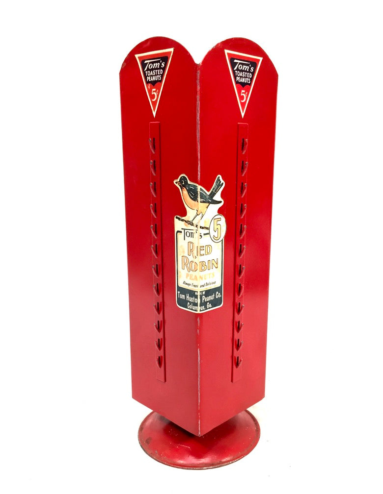 Antique Advertising 1930s Tom's Red Robin Peanuts Shop Counter Tin Display Rack