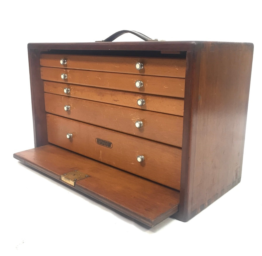 Antique Wooden Union Engineers Toolbox / Tool Box Collectors Cabinet with Key
