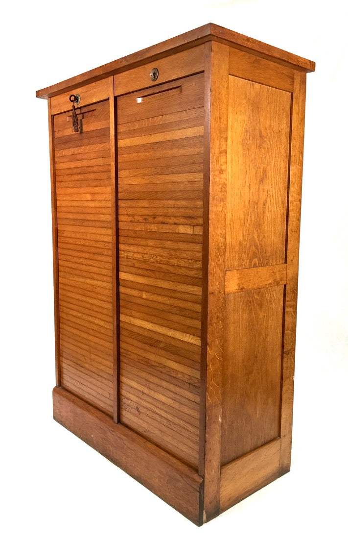 Antique 1950s Wood Oak Double Tambour Fronted Office Paper Filing Cabinet & Key