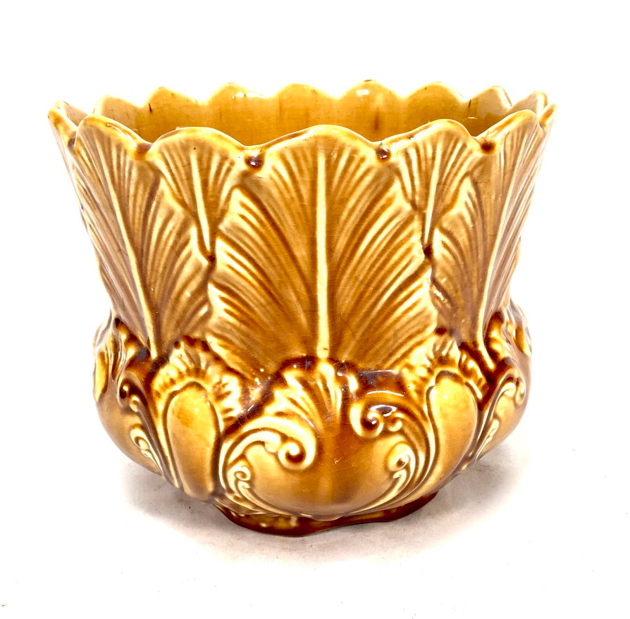 Antique Mustard Yellow Pottery Majolica Jardiniere Planter Indoor Plant Pot 1930