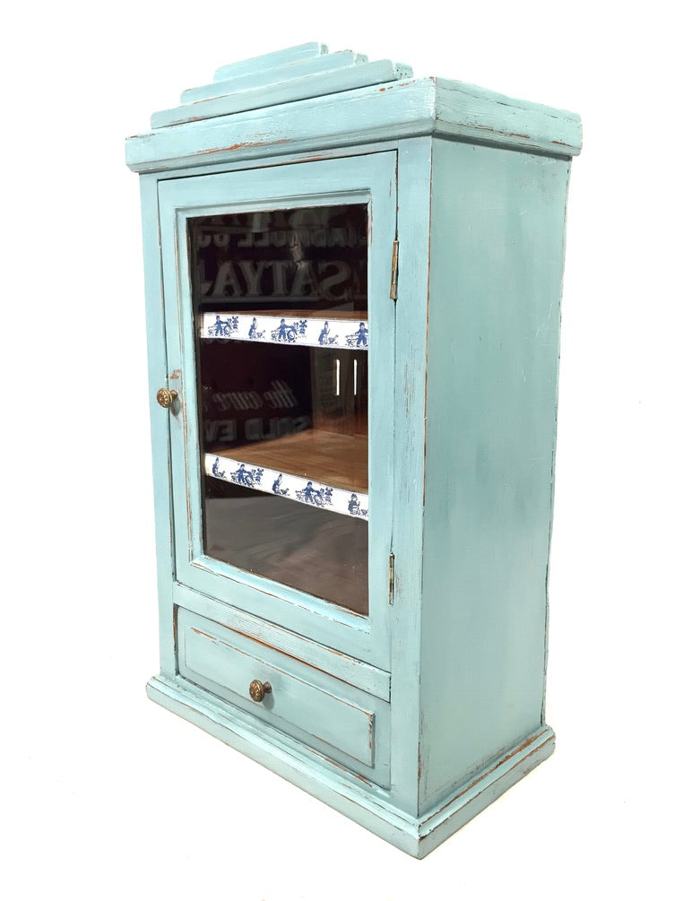 Antique Blue Painted Pine Wooden Tabletop Cabinet / Wall Storage Shelf Box c1950