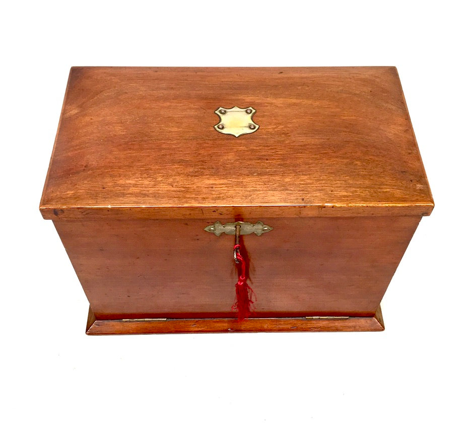 Antique Victorian Oak Wooden Desktop Stationery Box / Writing Cabinet with Key