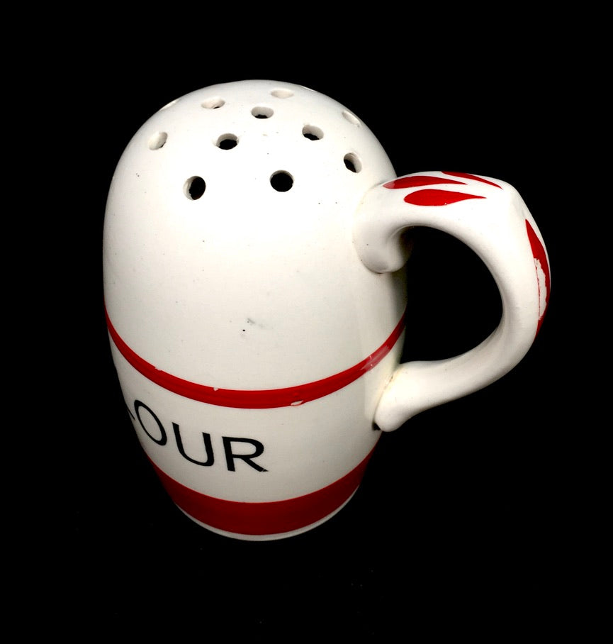 Antique Kitchenalia - Red & White Kleen Kitchen Ware Ceramic Flour Shaker c.1950