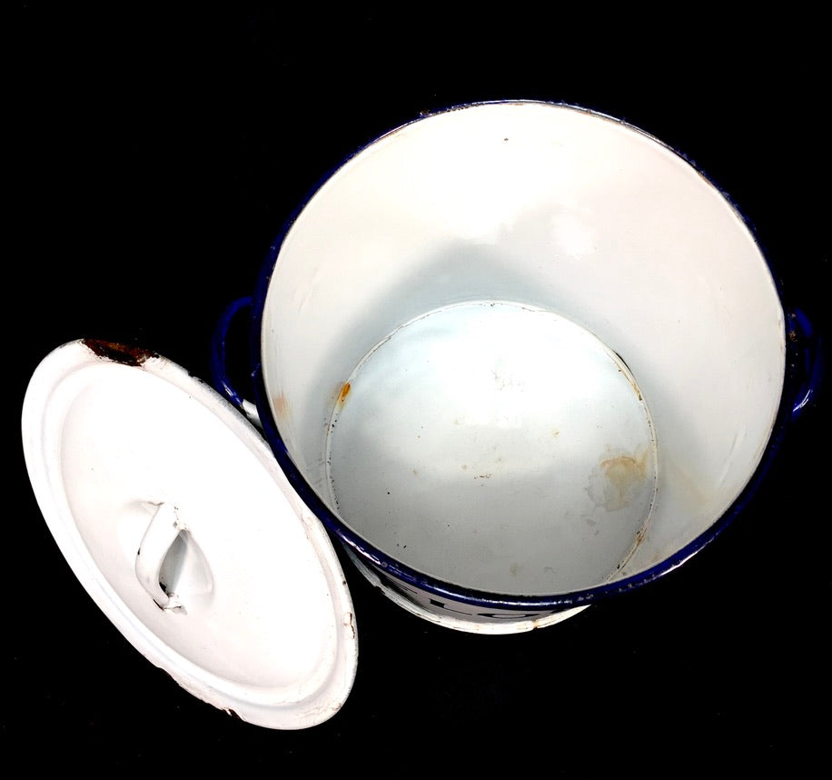Antique Kitchenalia White & Blue Large Enamel Flour Bin & Lid Storage Box c.1950