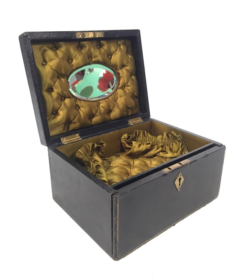 Antique 19th Century Black Leather & Brass Jewellery Trinket Storage Box c.1880
