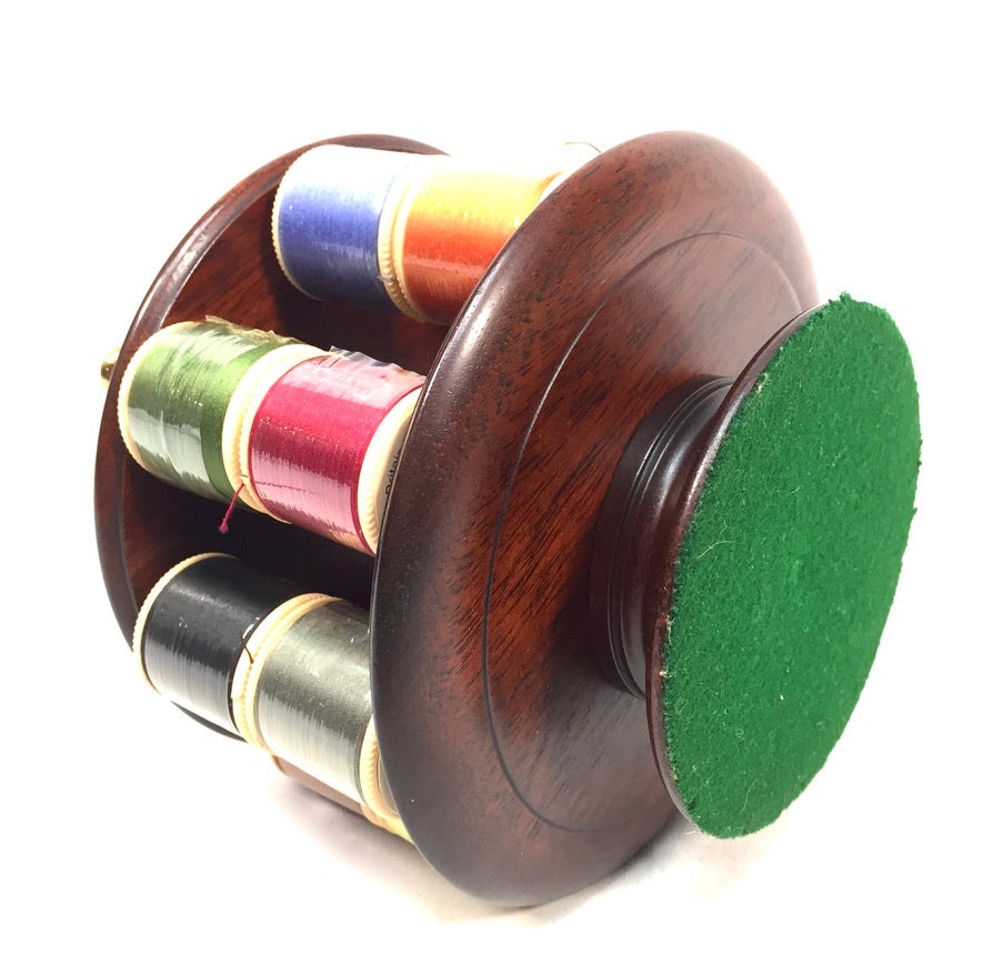 Vintage Mahogany Wood Tabletop Revolving Cotton Spool Reel Holder & Pin Cushion