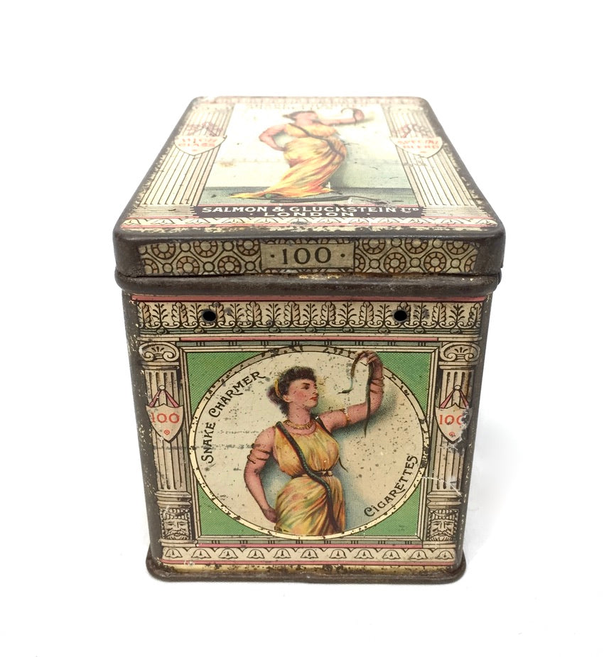 Antique Salmon and Gluckstein 100 Snake Charmer Cigarette Tin / RARE Large Size