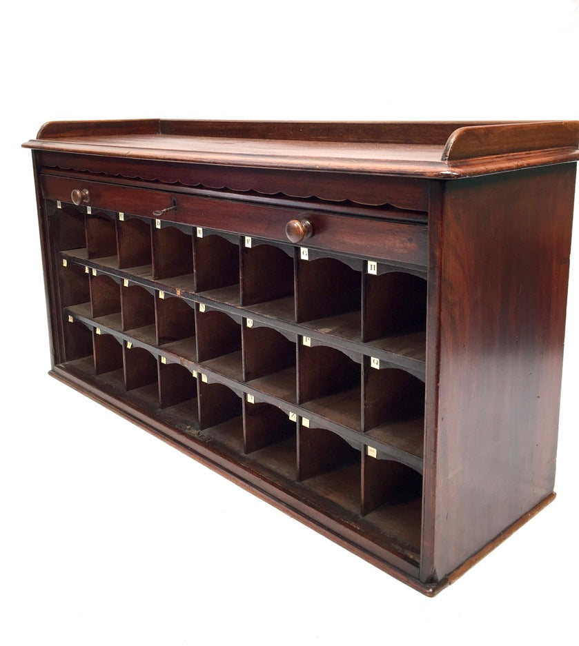 Antique Wooden Tambour Fronted Cabinet Pigeon Hole Stationery Box with Key c1930
