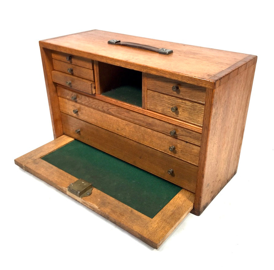 Antique Wooden Oak Engineers Toolbox / Tool Box Collectors Cabinet & Key c.1950