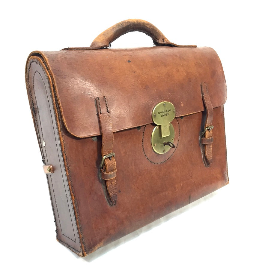 Antique Mid 20th Century Brown Leather Lloyds Bank Briefcase Bag With Key c1950