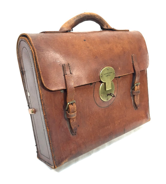 Antique Mid 20th Century Brown Leather Lloyds Bank Briefcase Bag With Key c1950