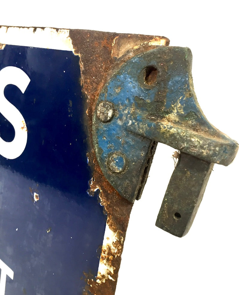 Antique Double Sided Blue & White Enamel Bus Stop Sign Busses Stop By Request