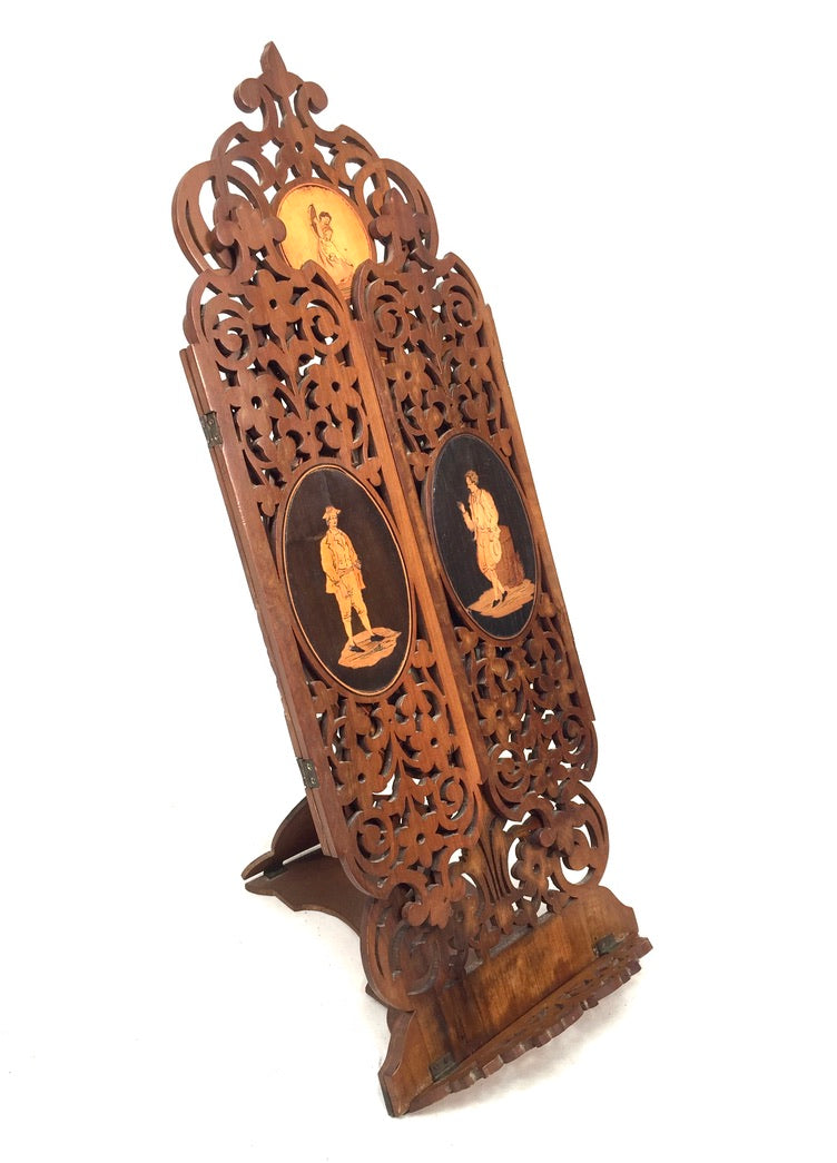 Antique Tabletop Hand Carved Wooden Sorrento Ware Triptych Vanity Mirror c.1900