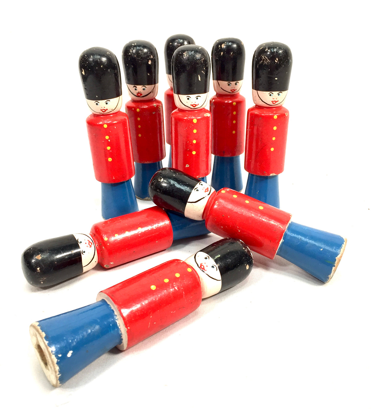 Vintage Complete Set of Hand Painted Wooden Soldier Bowling Skittles / Pins