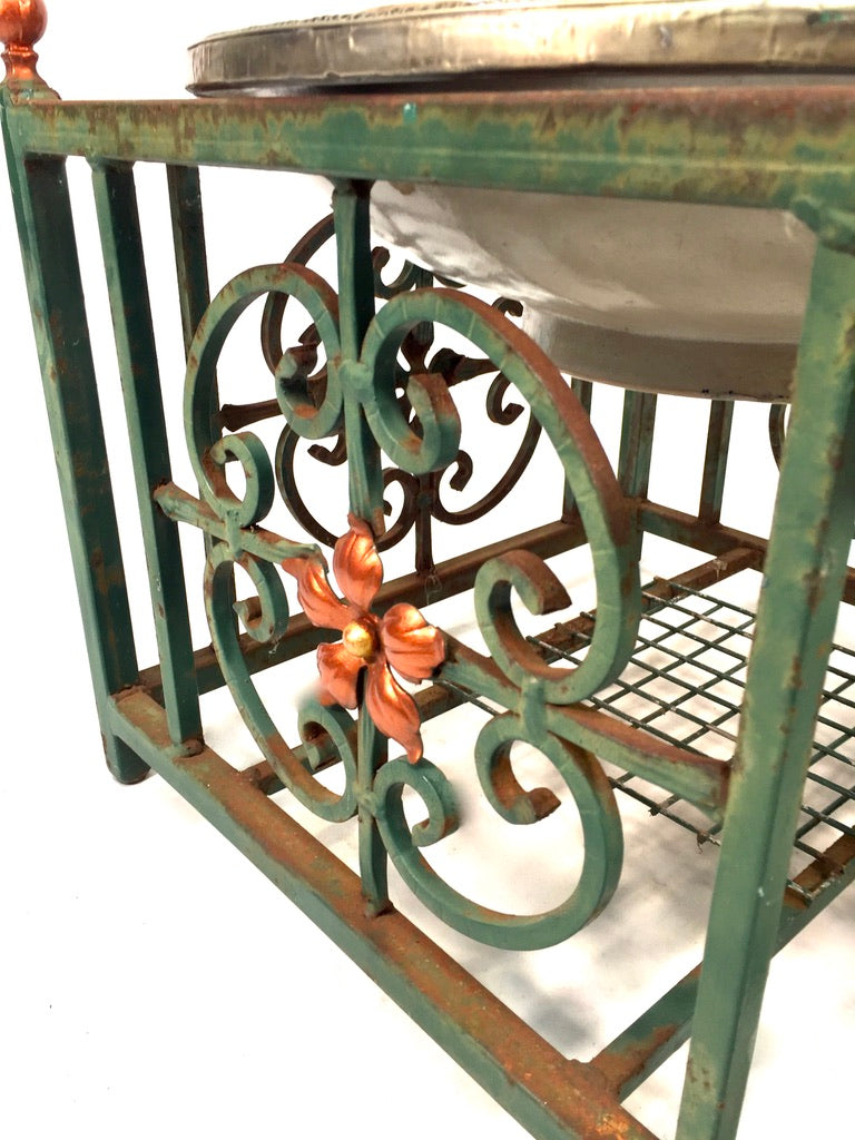 Vintage Hand Crafted Moroccan Style Bowl Outdoor Green Copper Toned Metal Stand