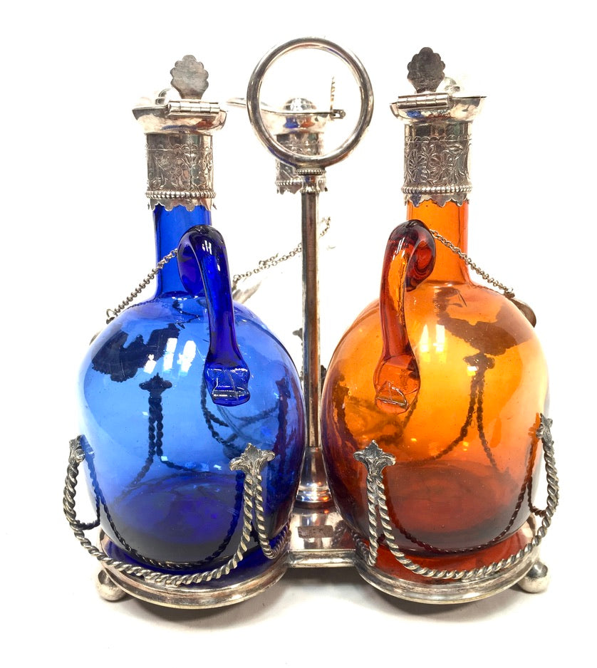 Antique Victorian Blue, Brown and Clear Glass Flagon Decanter Set Display Stand