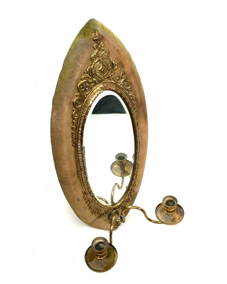 Antique Brass & Fabric Wall Mounted Mirror / Double Candle Holder Sconce c.1900