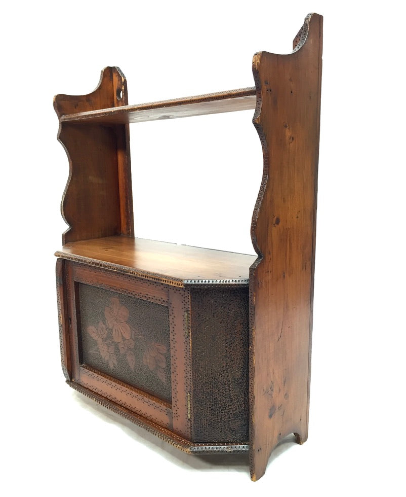 Antique Wooden Poker Work Wall Hanging / Tabletop Shelf / Cabinet / Box