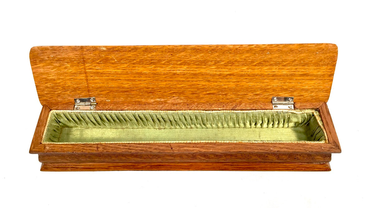 Antique Wooden Oak & Silver Hand Fan Storage Box Trinket Hallmarked Chester 1909