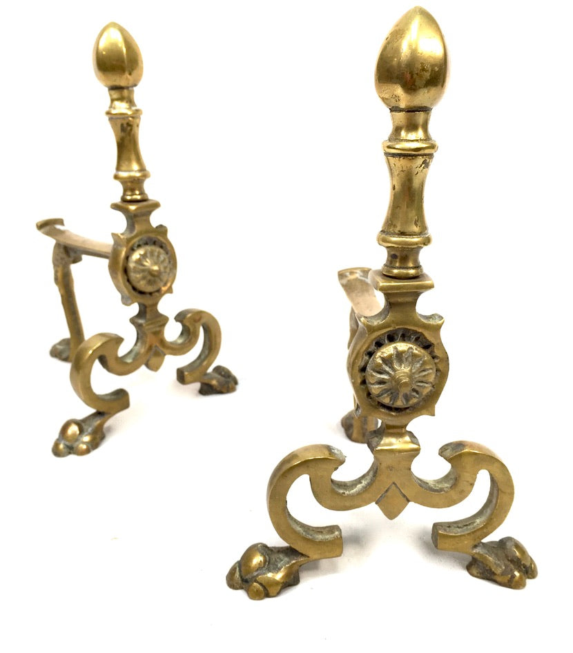 Antique Pair of Art Nouveau Brass Fire Dogs / Log Burner / c.1900 / Victorian
