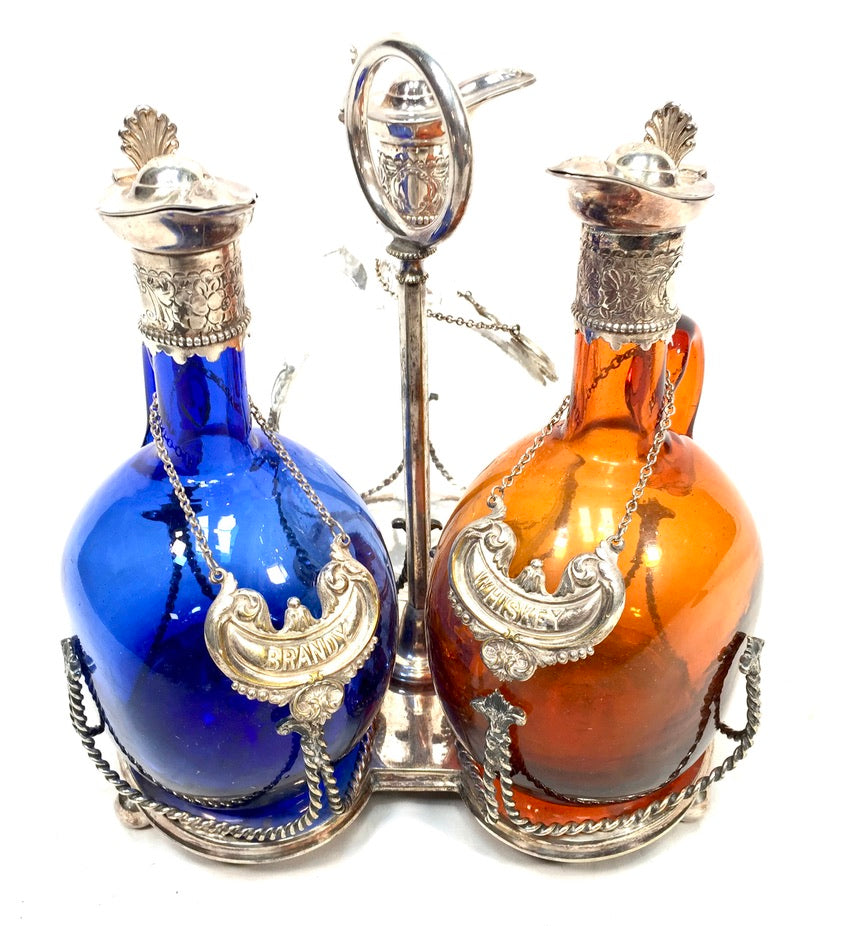 Antique Victorian Blue, Brown and Clear Glass Flagon Decanter Set Display Stand