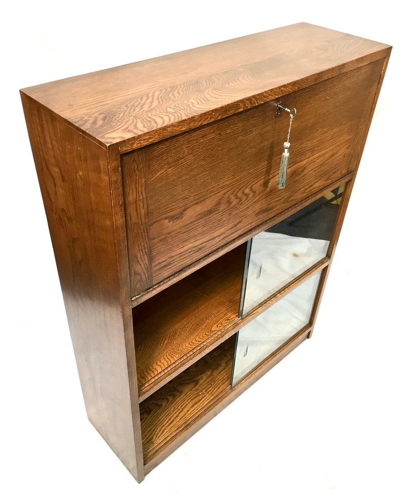 Antique Wooden Oak Bookcase Shelf and Bureau Combination / Mid Century / Key