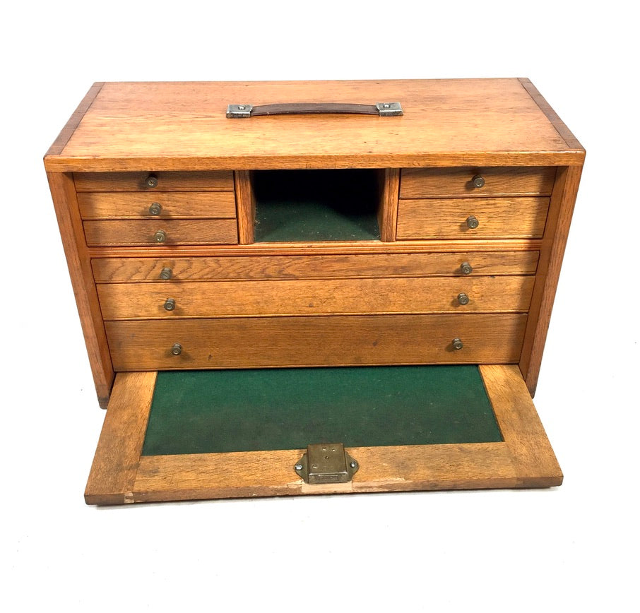 Antique Wooden Oak Engineers Toolbox / Tool Box Collectors Cabinet & Key c.1950